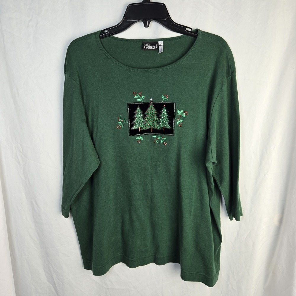Sunburst Velvet Patch Christmas Tree Shirt Womens 2XL Green Cotton Bling Sparkle